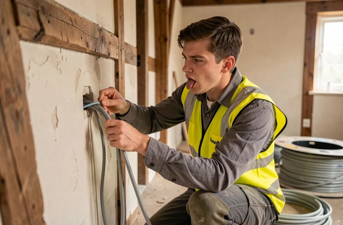 Électricien de LEP ELEC installant des conduits électriques dans une maison en rénovation dans le Calvados