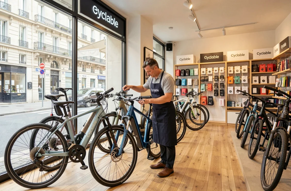 Devanture et intérieur du magasin Cyclable à Paris, avec des vélos électriques premium exposés et un employé au travail