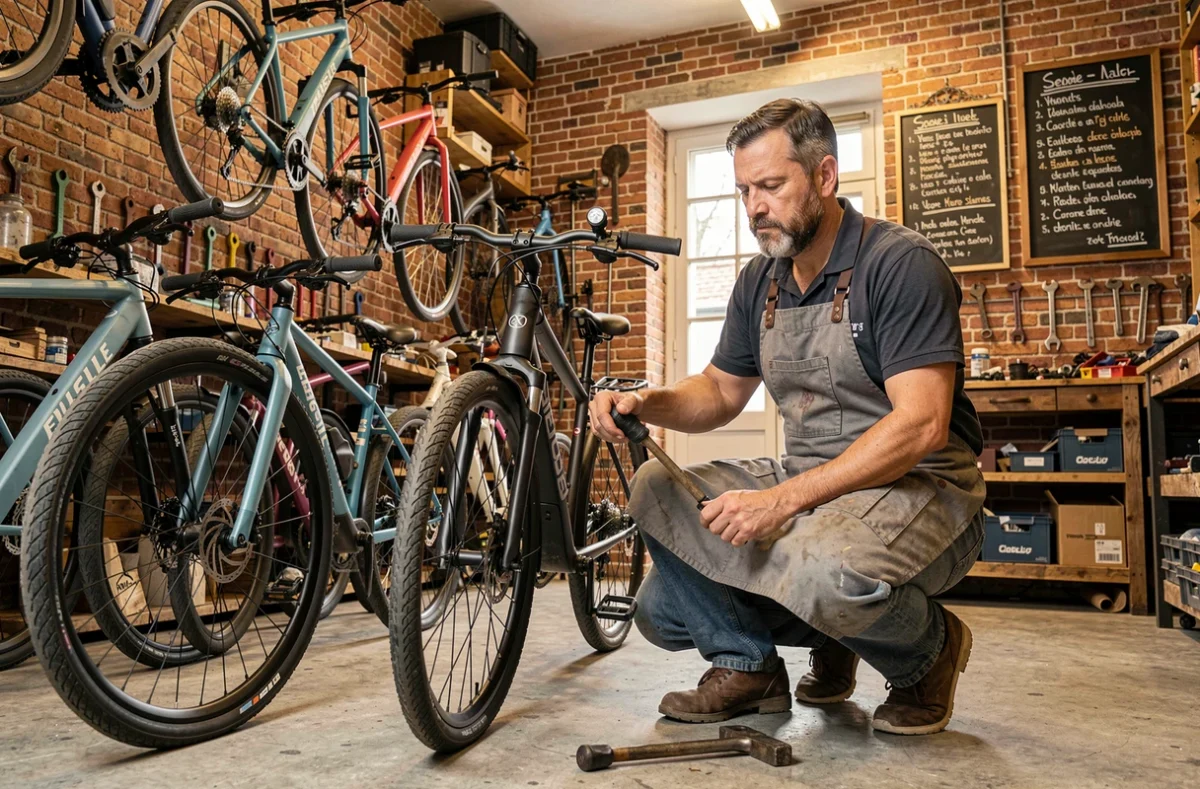 Atelier-boutique En Selle Marcel à Paris, avec un mécanicien travaillant sur un vélo électrique dans un espace au décor vintage