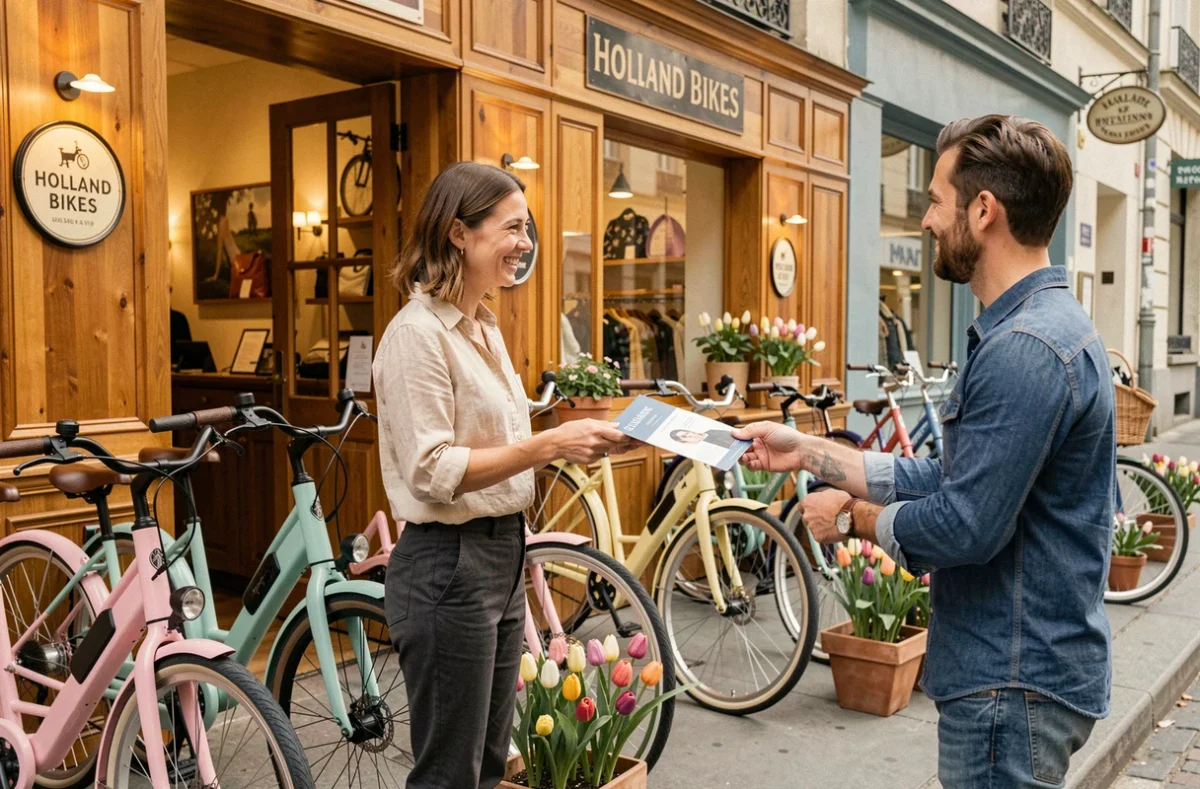 Intérieur du magasin Holland Bikes à Paris, avec des vélos électriques de style hollandais colorés et une employée accueillant un client