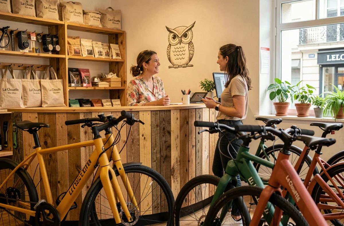 Boutique La Chouette à Paris, avec des vélos électriques colorés et une propriétaire accueillant chaleureusement une cliente