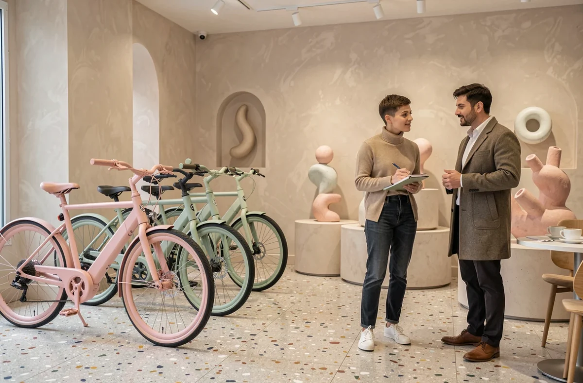 Boutique Pastel à Paris, avec des vélos électriques aux teintes douces exposés dans un intérieur design minimaliste