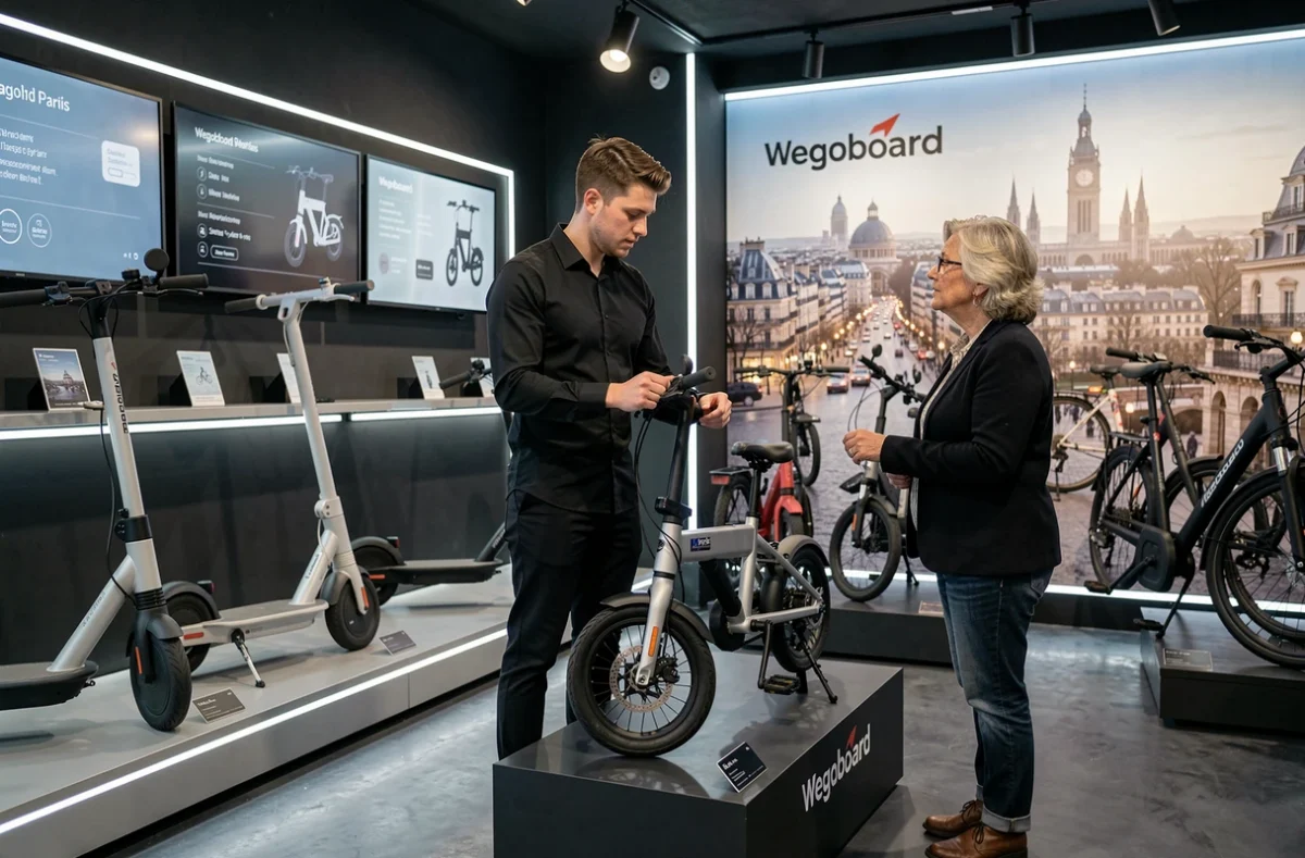Boutique Wegoboard à Paris, avec un vendeur présentant un vélo électrique pliant à une cliente dans un espace au design technologique