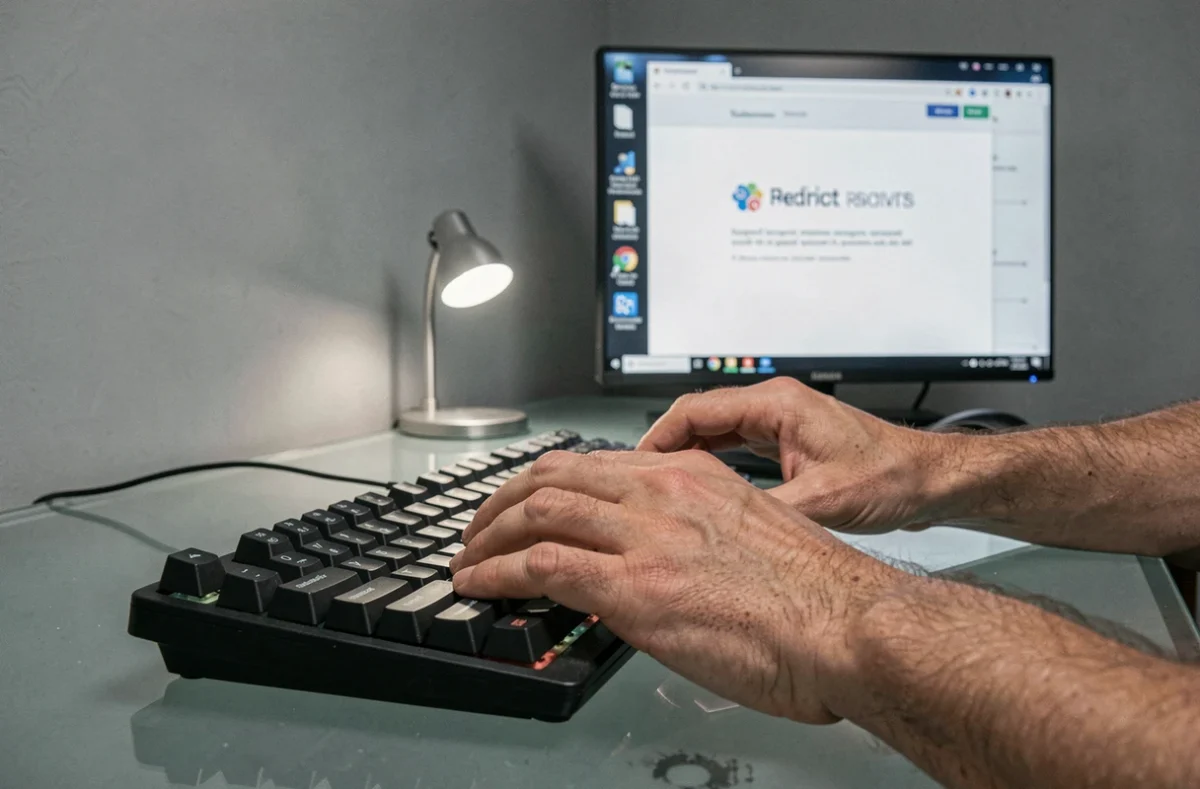 Mains tapant sur un clavier pour accéder à un site web après une redirection suite à un changement de nom