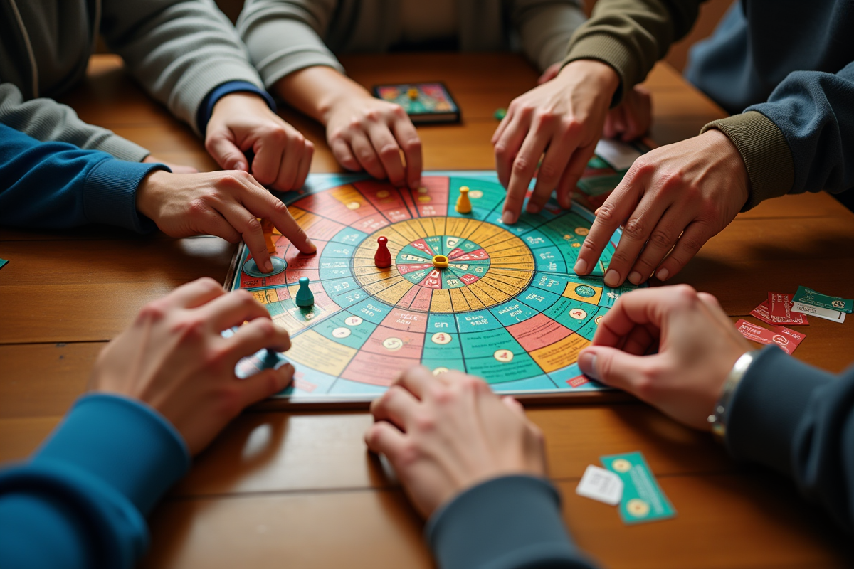 Mains diverses déplaçant des pièces de jeu colorées sur un plateau