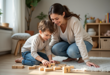 Principes de la discipline positive : comment les appliquer efficacement ? Femme et enfant jouant avec des blocs en bois dans un salon chaleureux