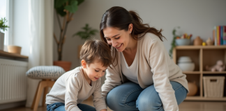 Principes de la discipline positive : comment les appliquer efficacement ? Femme et enfant jouant avec des blocs en bois dans un salon chaleureux