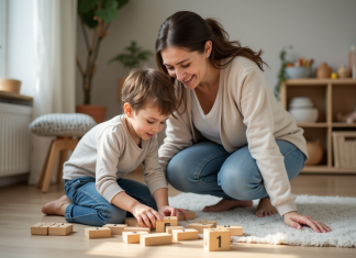 Principes de la discipline positive : comment les appliquer efficacement ? Femme et enfant jouant avec des blocs en bois dans un salon chaleureux