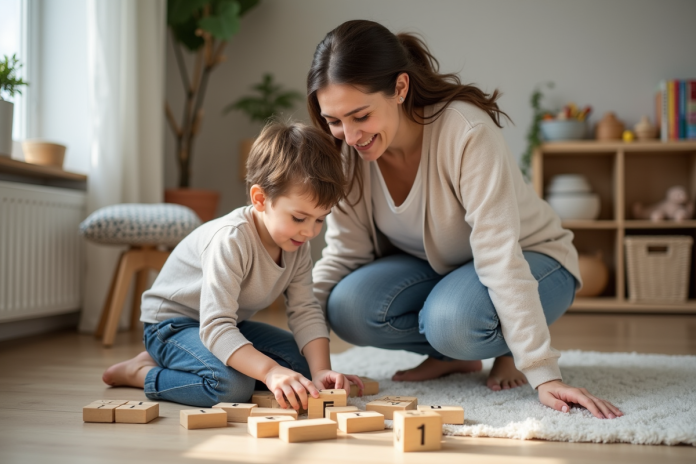 maman-enfant-jeux-bois Femme et enfant jouant avec des blocs en bois dans un salon chaleureux