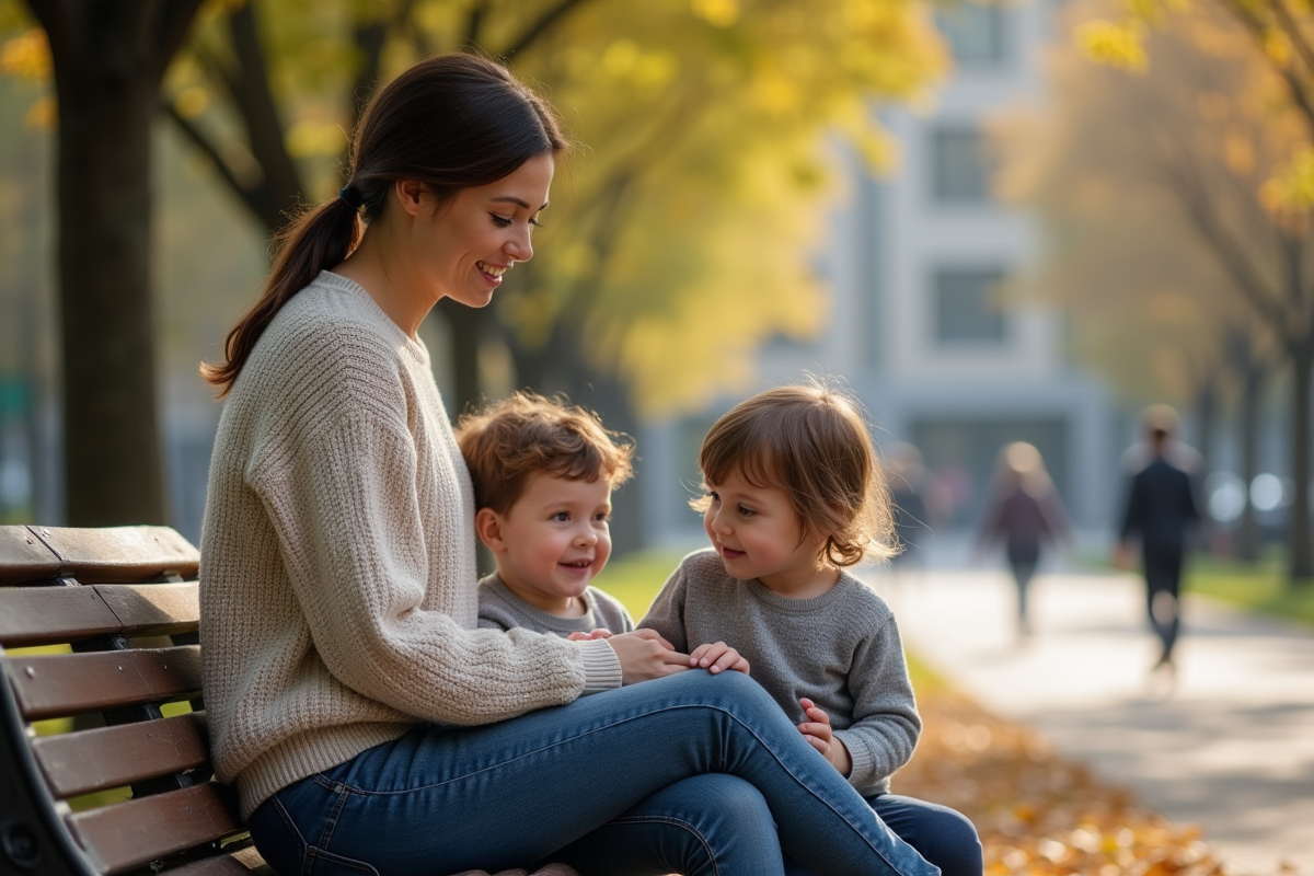 Maman surveillant ses enfants dans un parc urbain