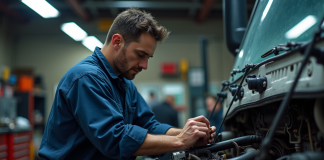 Mécanicien vérifiant un camion de remorquage en atelier