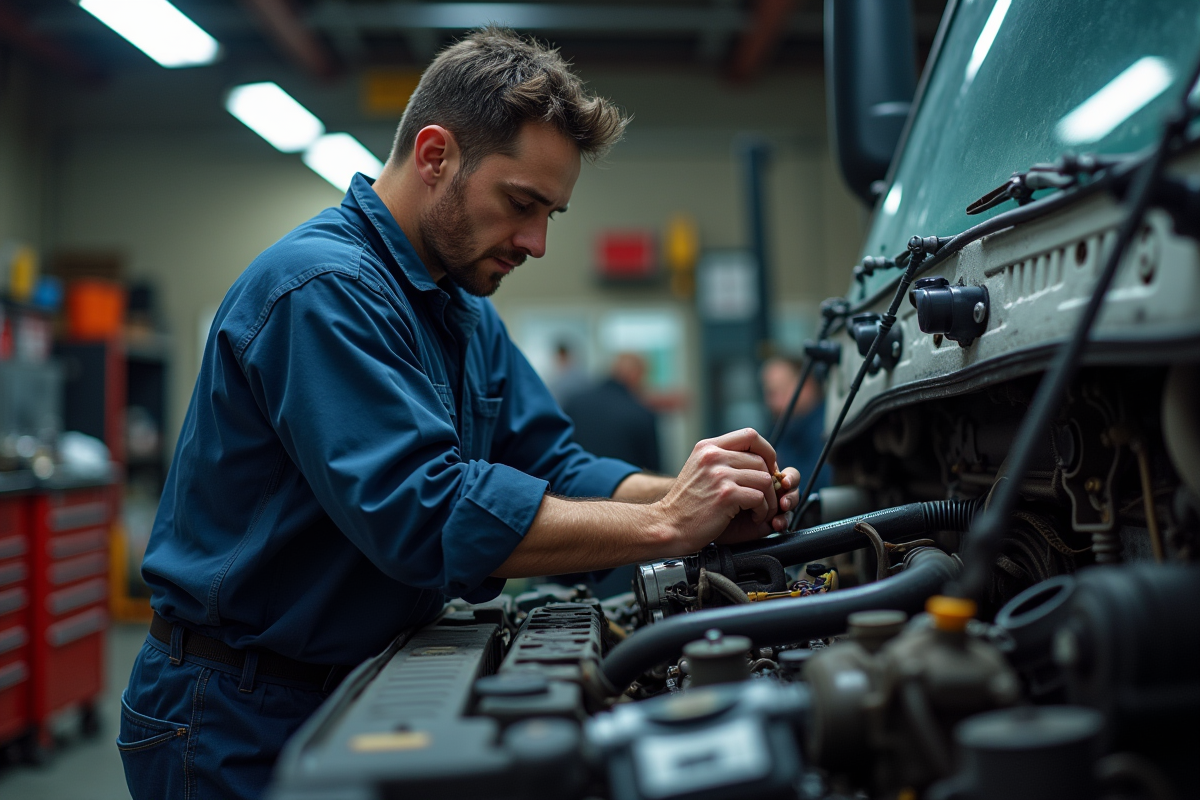 Mécanicien vérifiant un camion de remorquage en atelier