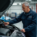 Mécanicien homme en tenue examine le moteur d'une Renault