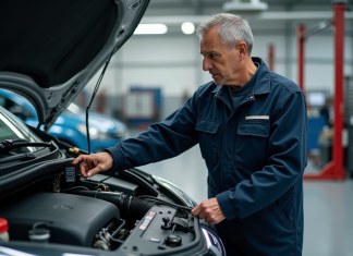 Mécanicien homme en tenue examine le moteur d'une Renault