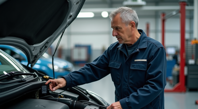 Mécanicien homme en tenue examine le moteur d'une Renault