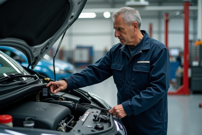 mecanicien-voiture-renault-hayon Mécanicien homme en tenue examine le moteur d'une Renault