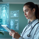 Médecine du futur : perspectives et avancées médicales révolutionnaires Jeune femme medecin examine un hologramme patient en hopital