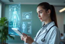 Médecine du futur : perspectives et avancées médicales révolutionnaires Jeune femme medecin examine un hologramme patient en hopital