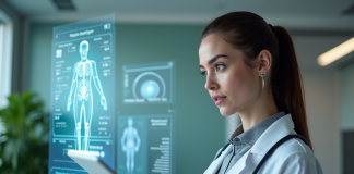 Médecine du futur : perspectives et avancées médicales révolutionnaires Jeune femme medecin examine un hologramme patient en hopital