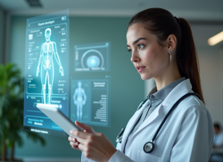 Médecine du futur : perspectives et avancées médicales révolutionnaires Jeune femme medecin examine un hologramme patient en hopital