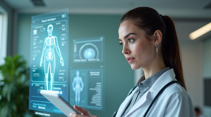 Jeune femme medecin examine un hologramme patient en hopital