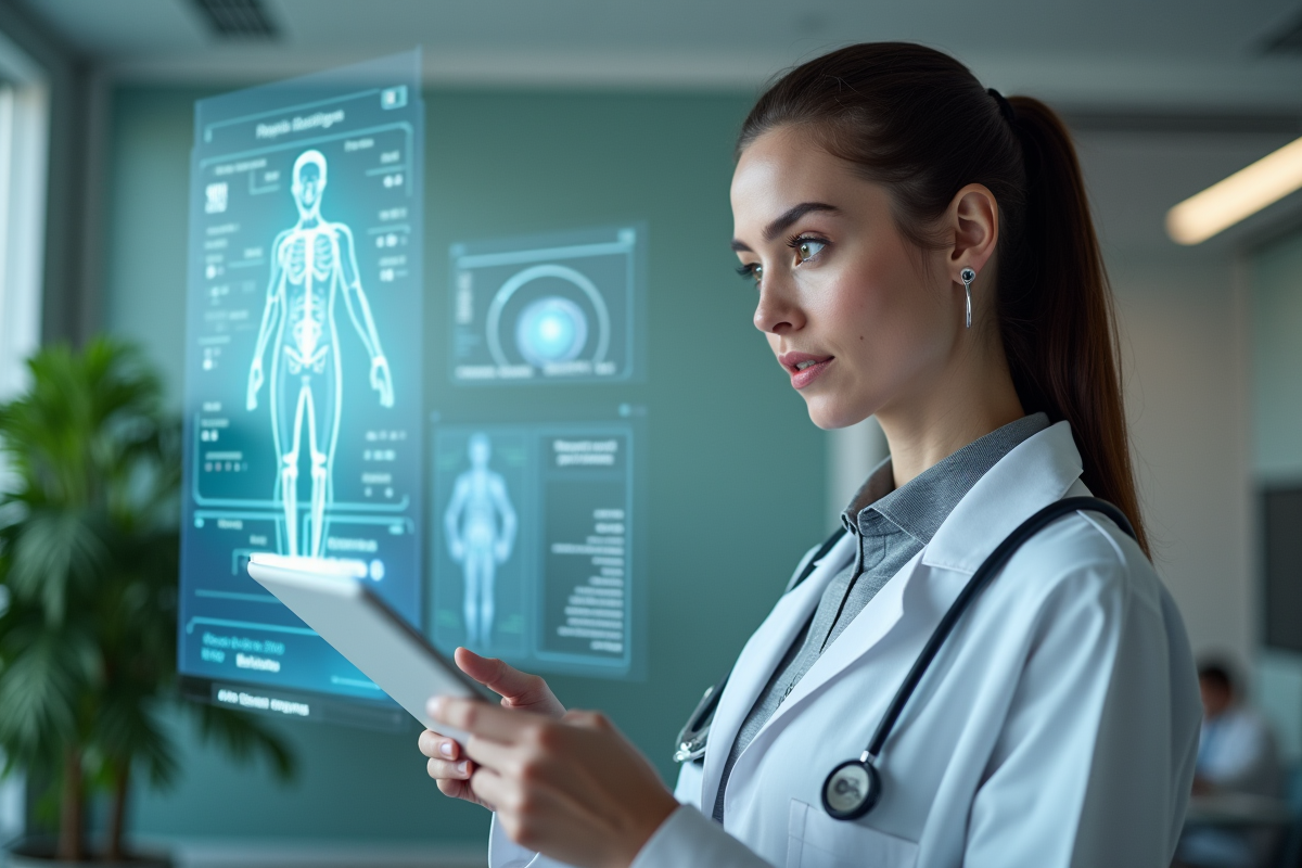 Jeune femme medecin examine un hologramme patient en hopital
