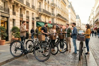 Scène de rue parisienne animée avec des vélos électriques garés devant des immeubles haussmanniens, illustrant le thème des meilleurs magasins de vélos électriques à Paris
