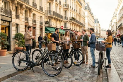Scène de rue parisienne animée avec des vélos électriques garés devant des immeubles haussmanniens, illustrant le thème des meilleurs magasins de vélos électriques à Paris