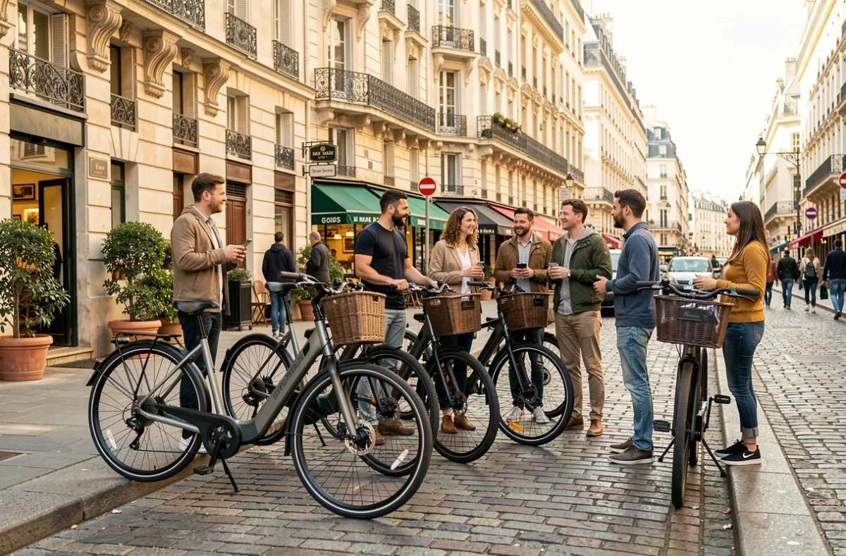 Scène de rue parisienne animée avec des vélos électriques garés devant des immeubles haussmanniens, illustrant le thème des meilleurs magasins de vélos électriques à Paris