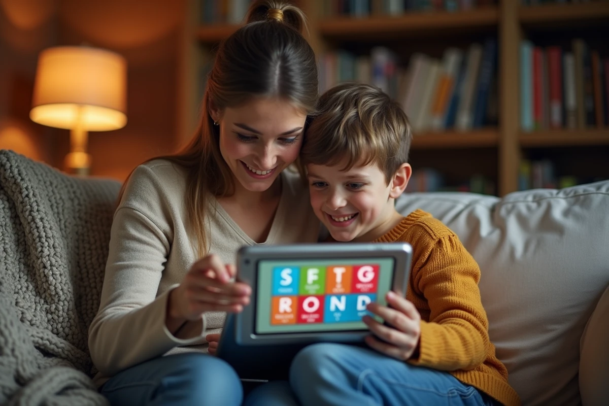 Mère et fils utilisant une tablette pour jouer à Wordle ensemble sur un canapé dans un salon confortable