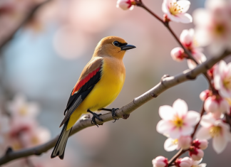 Le jaseur d’Amérique : un animal en J aux couleurs éclatantes Merle Cedar sur une branche en fleurs au printemps