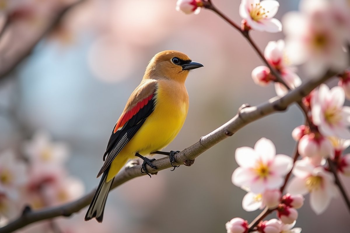 Merle Cedar sur une branche en fleurs au printemps