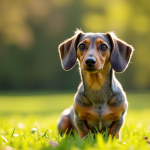 Merle dachshund assis dans un parc ensoleille