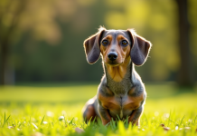Merle dachshund assis dans un parc ensoleille
