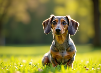 L’histoire captivante du teckel de couleur merle Merle dachshund assis dans un parc ensoleille