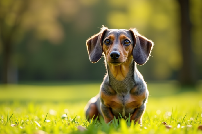 merle-dachshund-parc-soleil Merle dachshund assis dans un parc ensoleille