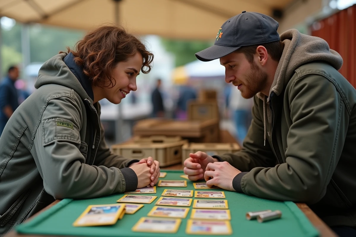 Deux personnes négociant le prix de cartes Pokémon rares sur un marché aux puces en plein air