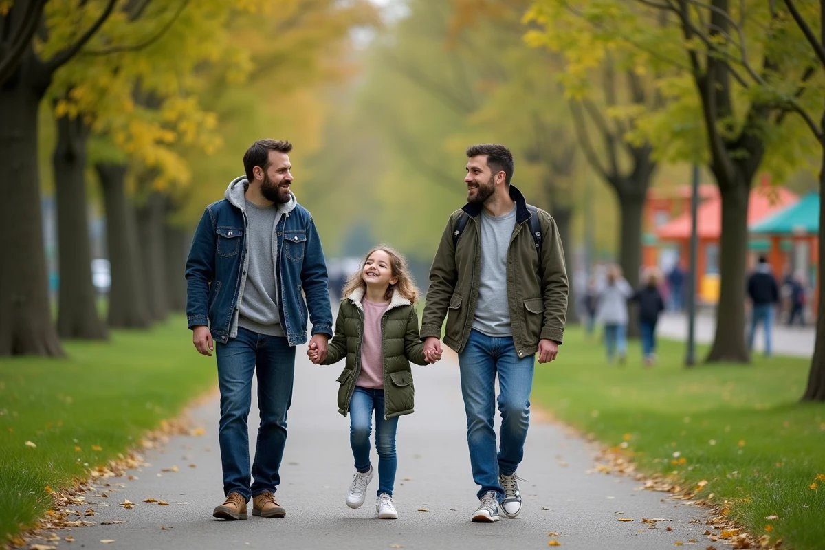 Deux pères et leur fille adolescente marchant dans un parc urbain