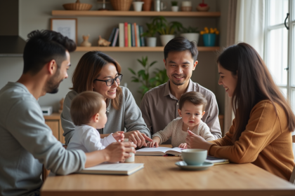 Quatre parents avec enfants dans un cadre familial chaleureux