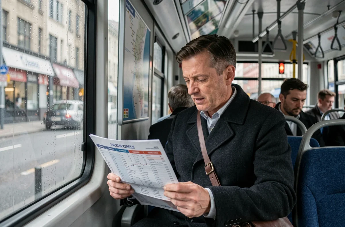 Passager masculin lisant les horaires imprimés du bus 172 assis dans un bus de ville en semaine