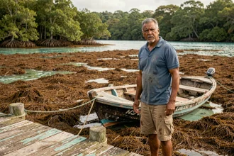 Pêcheur guadeloupéen debout sur un ponton face aux algues sargasses envahissant le port, illustrant l'impact des algues sur les professionnels de la mer