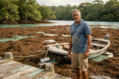 Pêcheur guadeloupéen debout sur un ponton face aux algues sargasses envahissant le port, illustrant l'impact des algues sur les professionnels de la mer