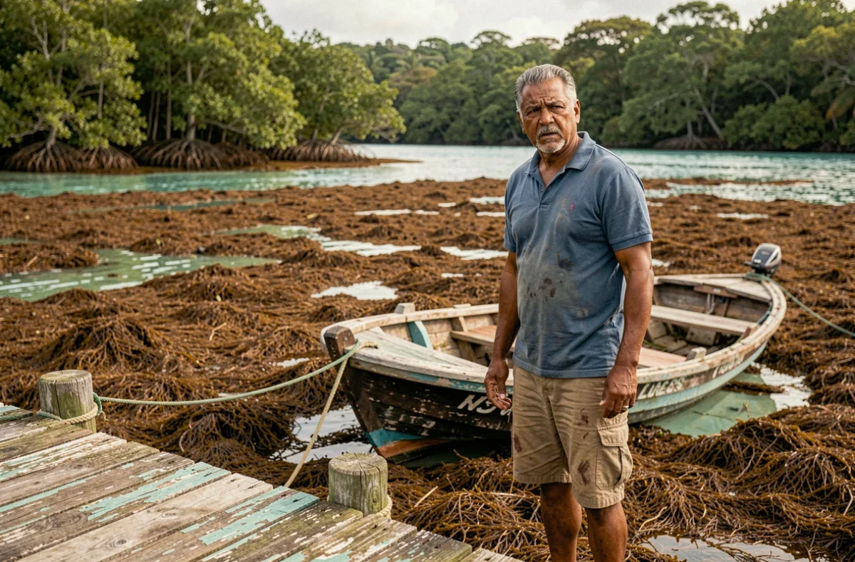 Pêcheur guadeloupéen debout sur un ponton face aux algues sargasses envahissant le port, illustrant l'impact des algues sur les professionnels de la mer