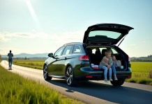 Peugeot 308 break en campagne avec famille chargant le coffre