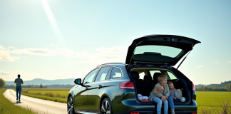 Peugeot 308 break en campagne avec famille chargant le coffre