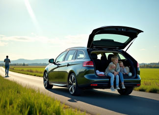 Peugeot 308 break en campagne avec famille chargant le coffre