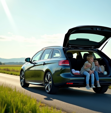 Peugeot 308 break en campagne avec famille chargant le coffre
