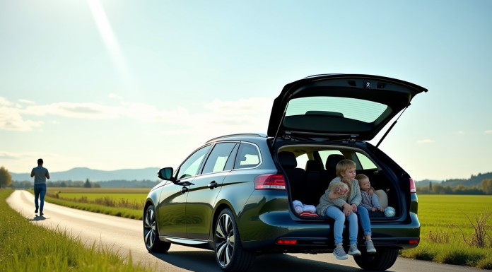 Peugeot 308 break en campagne avec famille chargant le coffre