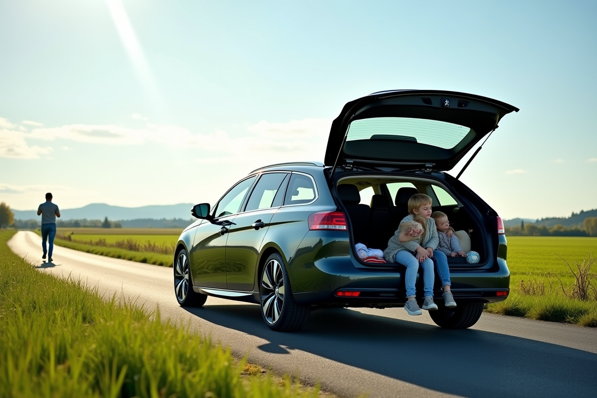 Peugeot 308 break en campagne avec famille chargant le coffre