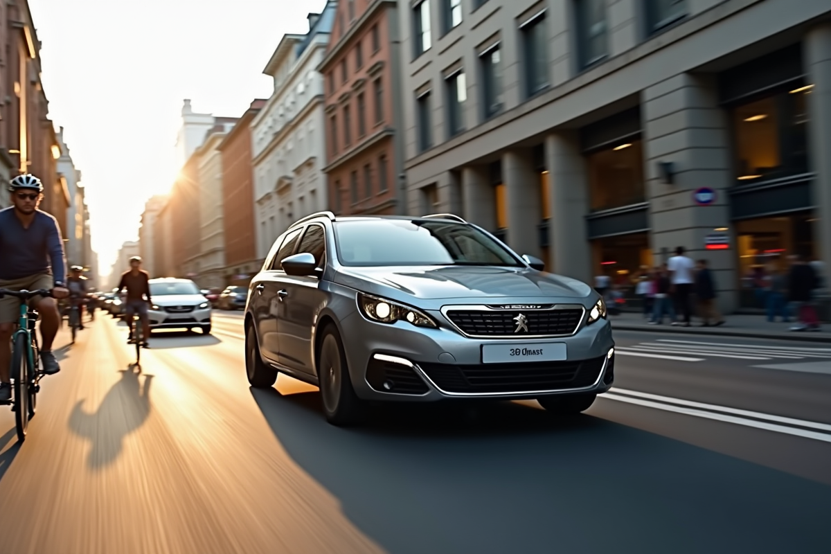 Peugeot 308 en conduite urbaine avec architecture moderne